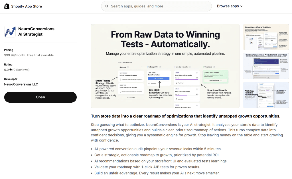 NeuroConversions AI Strategist on the Official Shopify App Store